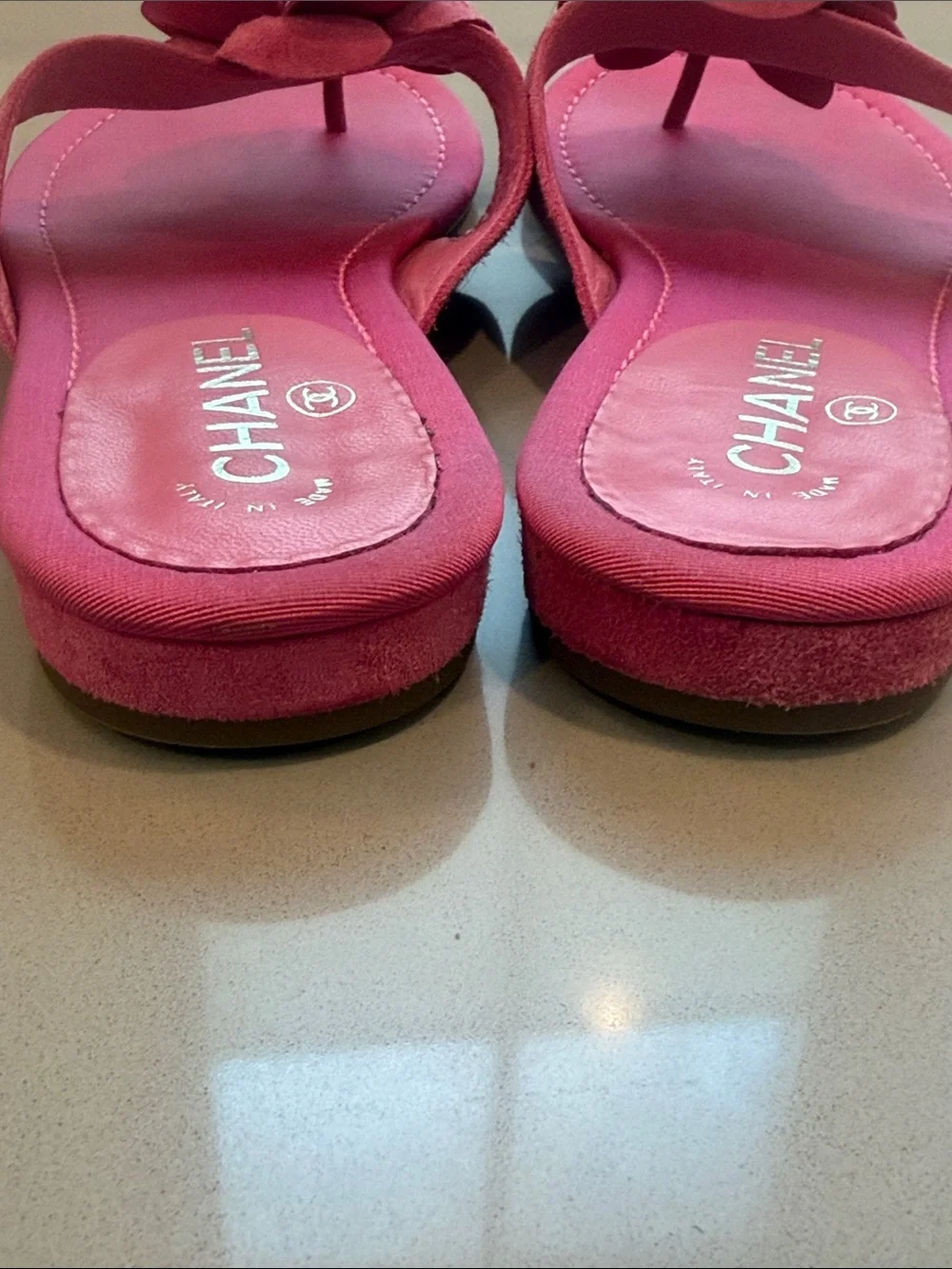 CHANEL Pink Fuchsia Suede Camellia Coco Mark Thong Sandals Size 41c